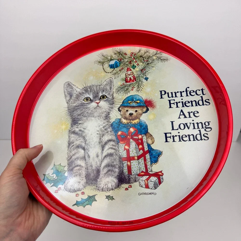 Vtg Giftco Purrfect Friends are Loving Friends Cat Christmas Round Tray Giordano